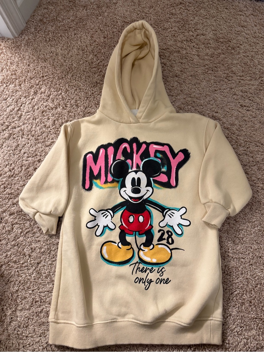 Disney Mickey Mouse Cream Hoodie with Pink, Red, Yellow and Black Graphics